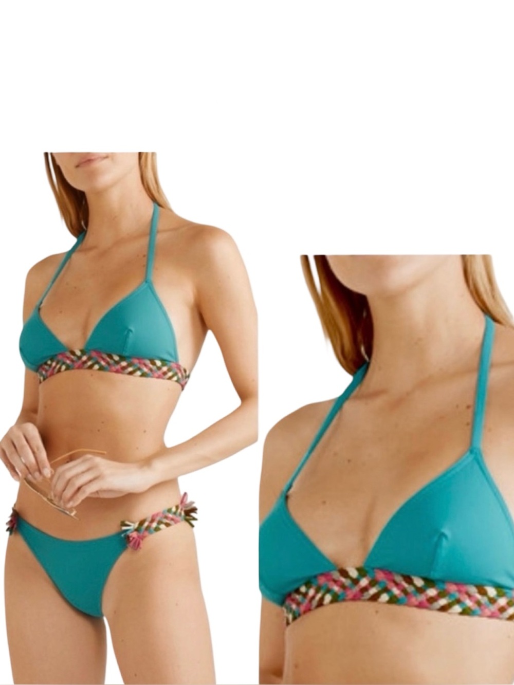 NWT ERES “Mambo Poncho” Braid Fringe Trimmed Triangle Bikini Top Turquoise 42/10